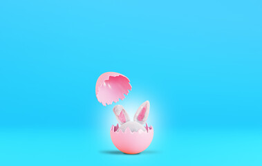 Pink broken egg and rabbit ears, 3d rendering. Rabbit ears sticking out of a broken egg. Happy Easter banner, poster, postcard, copy space