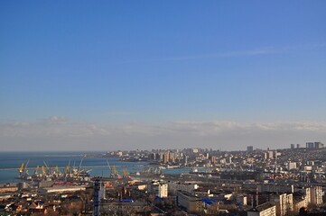 View of the city from the height of the mountains. Novorossiysk. Russia. Krasnodar Territory. The largest port in Russia, including passenger, cargo ports and an oil harbor. Important transport hub.