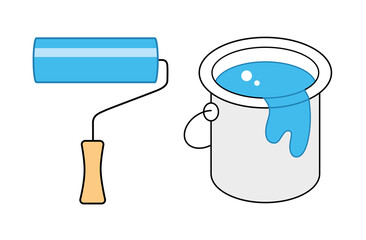 Blue paint roller brush and paint can bucket isolated