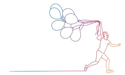 Cheerful girl runs with balloons. Rainbow gradient.