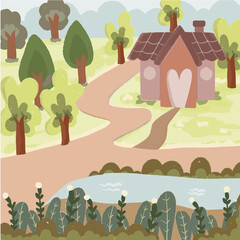 Hand drawn countryside lanscape illustration with rustic house and trees