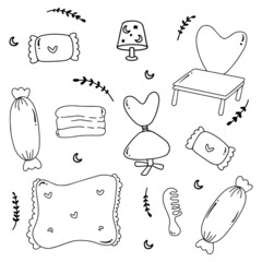 Hand drawn cute bed room element with outline style for girl kids