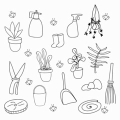 Hand drawn gardening tools and plant with outline style