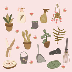 Hand drawn gardening tools and plant with pink background