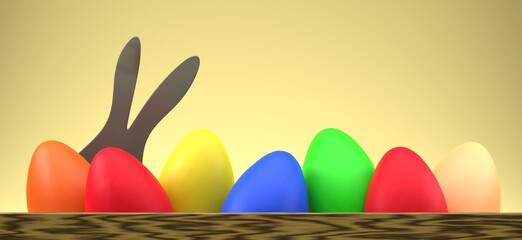 Easter concept. Multicolored eggs in a box with easter bunny ears. 3D rendering.