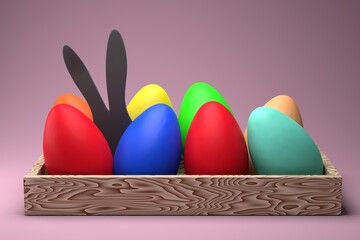 Easter concept. Multicolored eggs in a box with easter bunny ears. 3D rendering.