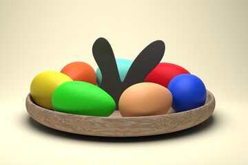 Multicolored eggs in a round plate with easter bunny ears. Easter concept. Yellow background. 3D rendering.