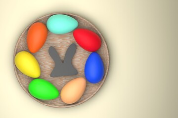Multicolored eggs in a round plate with easter bunny ears. Easter concept. Yellow background. View from above. Place for text. 3D rendering.