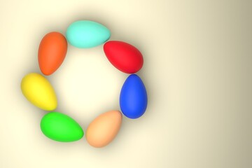 Multi-colored eggs laid out in a circle. Easter concept. Yellow background. View from above. Place for text. 3D rendering.