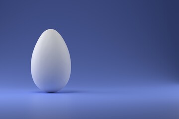 White chicken egg on a blue background. Place for text. Easter background. 3D rendering.