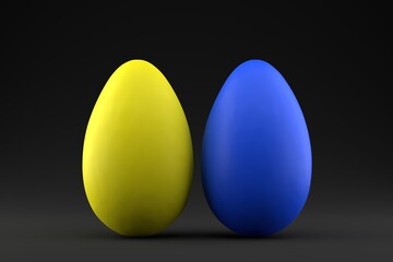 Easter eggs in the colors of the Ukrainian flag - blue and yellow on a black background. Easter concept. 3D rendering.