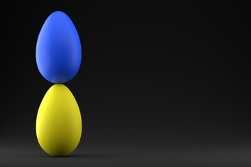 Easter eggs in the colors of the Ukrainian flag - blue and yellow on a black background. Easter concept. Place for text. 3D rendering.