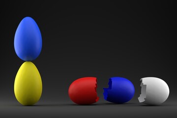 Easter eggs in the colors of the Ukrainian flag - blue and yellow on a black background. Nearby are eggs in the colors of the Russian flag. War on Easter concept. Place for text. 3D rendering.