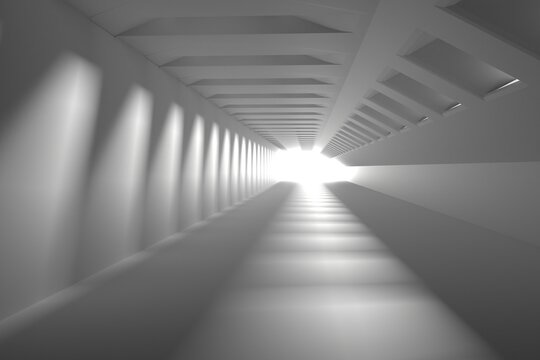 Abstract white tunnel with windows and light at the end. 3D rendering.