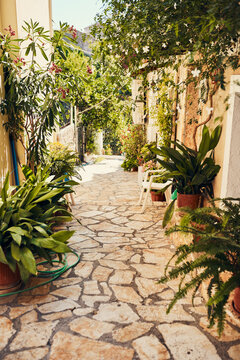 Sinarades, a place to call home. Shot of a cobble stoned alley way in an ancient, foreign city.