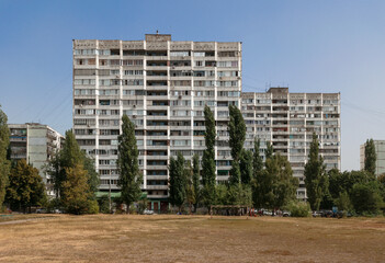 Residential houses, Soviet modernism brutalism buildings in Voronezh, Russia