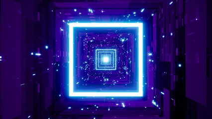 Glowing Blue Square Light in the Purple Sci Fi Tunnel Background 3D Rendering