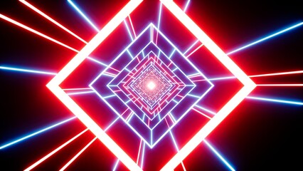 Shining Multiple Red and Blue Colored Neon Light Beam in the Geometric Diamond Shaped Light Frame Tunnel Art Background