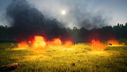 Burning grass field bush fires 3d rendering