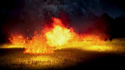 Fototapeta premium Burning Grass Field at Night 3D Rendering