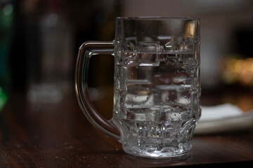 Glass details. Mug of water. Background is thick glass.