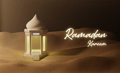 3D Rendering The Little Mosque in Desert for Ramadan Kareem and Eid Mubarak Background
