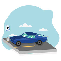 Isolated 3d blue vintage car on a parking slot Vector