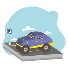 Isolated 3d purple car on a parking slot Vector