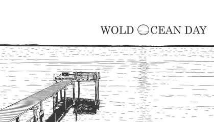 World ocean day vector line art illustration