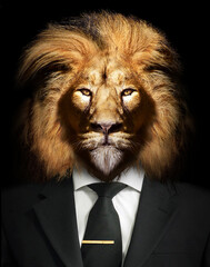 Man in the form of a Lion with Suit and tie , The lion person , animal face isolated black - obrazy, fototapety, plakaty