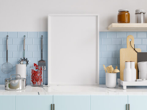 Premium Photo  Mock-up of a frame with kitchen accessories on the sides  and a large blue mixer