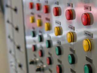 Electrical selector switch,button switch,Electrical switch gear at Low Voltage motor control center cabinet in coal power plant. blurred for background.