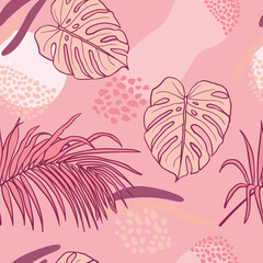 Beautifull tropical leaves branch  seamless pattern design. Tropical leaves, monstera leaf seamless floral pattern background. Trendy brazilian illustration. Spring summer design for fashion, prints