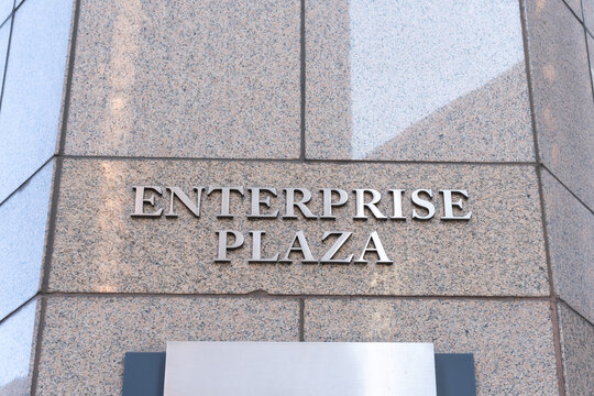 Houston, TX, USA - February 27, 2022: Enterprise Plaza Sign In Houston Where The Headquarters Of Enterprise Products Is Located, An American Natural Gas And Crude Oil Pipeline Company.