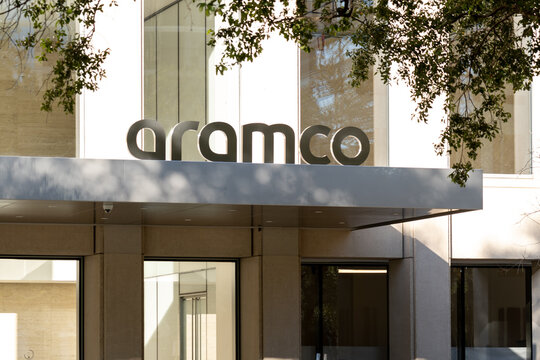 Houston, Texas, USA - February 27, 2022: Aramco sign on the building at its office in Houston, Texas, USA. Saudi Aramco is the world's largest oil producer.