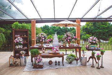 table with decoration and wedding cake