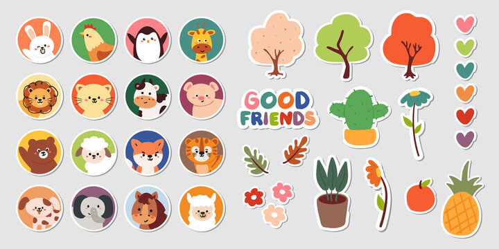 hand drawing cartoon animal and plant sticker set. for journal, planner, kids sticker
