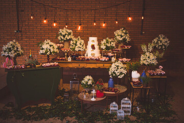 table with decoration and wedding cake