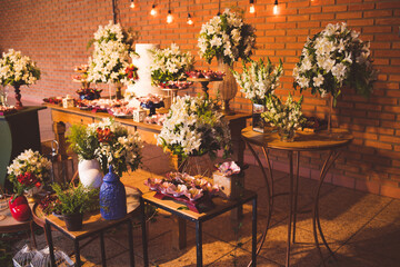 table with decoration and wedding cake