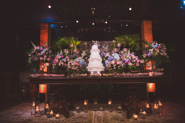 table with decoration and wedding cake