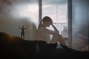 Young woman overcoming depression, lifestyle problems becoming strong mentally physically 