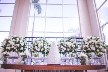 table with decoration and wedding cake