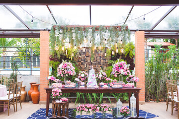 table with decoration and wedding cake