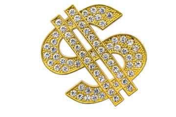 Hip hop culture, expensive bling and displaying success concept with close up on diamond studded dollar sign isolated on white background with clipping path cutout - 499202139