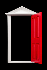 Entering dream state, powering imagination and opportunity knocks concept with photograph of open red door with white beam isolated on black background with clipping path cutout