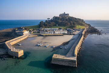 St Michael's Mount from a drone, Marazion, Penzance, Cornwall, England