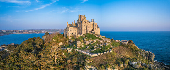 St Michael's Mount from a drone, Marazion, Penzance, Cornwall, England