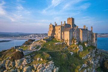 St Michael's Mount from a drone, Marazion, Penzance, Cornwall, England