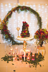 table with decoration and wedding cake