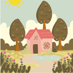 Hand drawn cottage on the hill illustration with trees and tulip flower